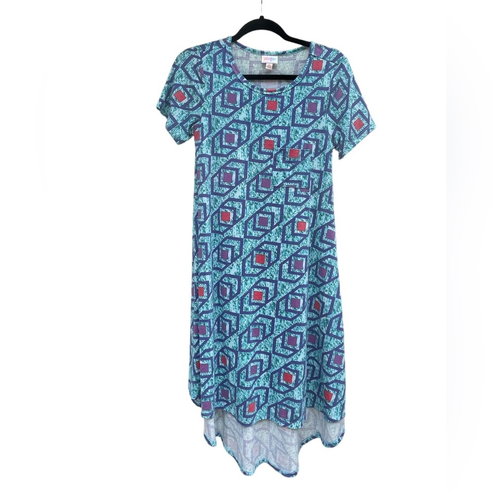 LuLaRoe Carly swing‎ dress, turquoise, geometric pattern, size XS